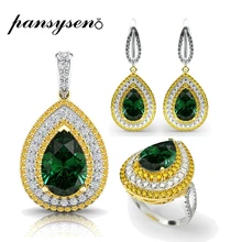 PANSYSEN Natural Emerald Necklace Earrings Ring Jewelry Sets For Women 925 Sterling Silver Party Big Gemstone Jewelry Set