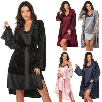 

Autumn Women's home clothes Golden velvet Long sleeve Casual Nightgown Lace Contrast Robes Splicing Pajamas women sexy lingerie