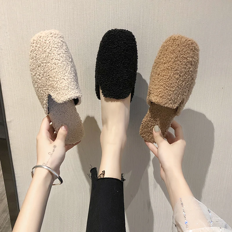 

Slippers Fur Shoes Woman 2019 Luxury Slides Flock Cover Toe Platform Mules Women Low Plush Designer Soft New Flat Basic