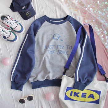 

Spring Women Loose Round neck Hoodie Sweatshirt Young Girl Student Raglan sleeves Sweet Planet print pullover Tops College style