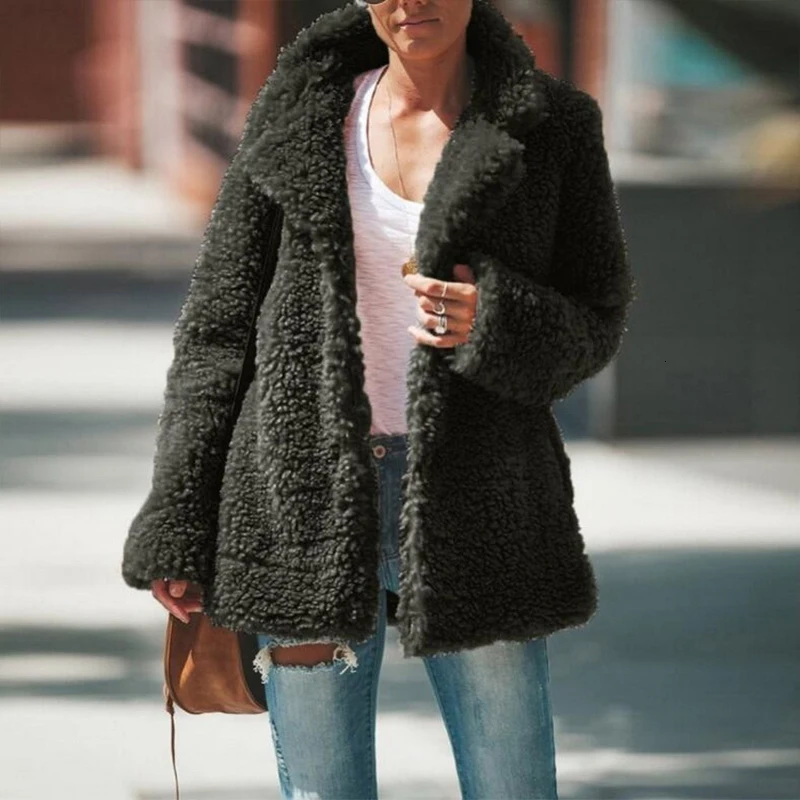 Плюшевая куртка, однотонный лацкан, куртка с длинными рукавами, Кардиган большого размера, свободное шерстяное пальто, женская куртка