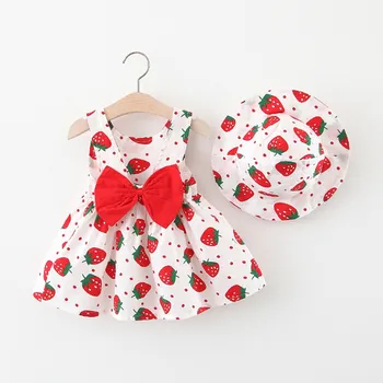 

Baby Summer Dress Strawberry Fruit Print Vest Dresses Children Cloth Send Sun Hat Beach Princess Bowknot Backless Party Outwear
