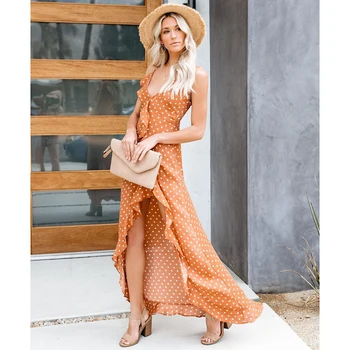 

Jastie Polka Dot Strap Maxi Dress Ruffle Irregular Hem V Neck Backless Sexy Vintage Vestidos Summer Casual Boho Slip Dress Women