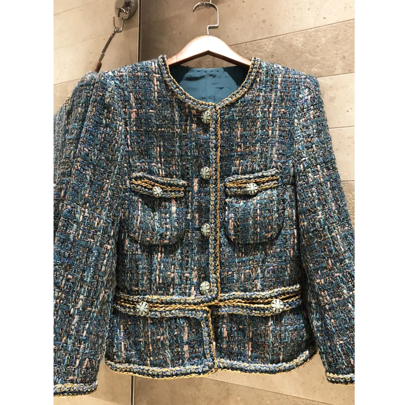 

High-end women's 2019 autumn winter weaving tweed short coat fashion ladies retro tweed jacket high quality silk lining