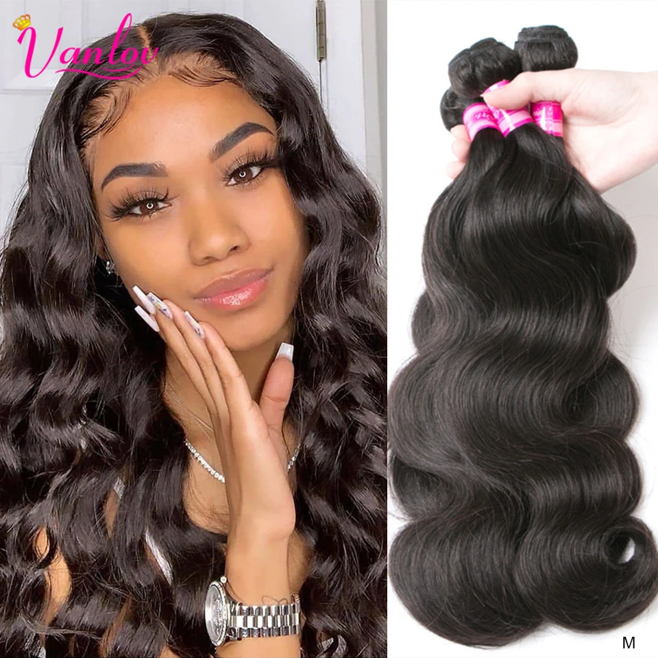 Vanlov brésilien corps vague cheveux paquets naturel noir & noir de jais cheveux humains armure paquets 1/3/4 pièce 8-30 "Remy Extensions de cheveux