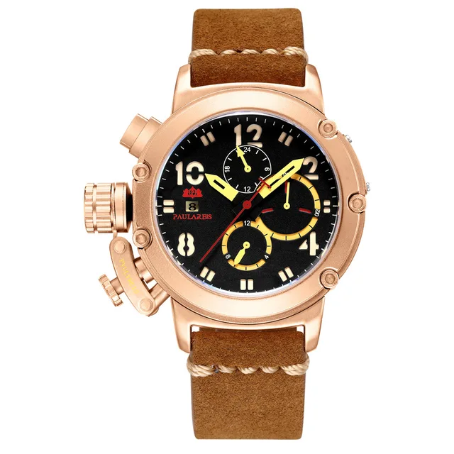 self winding mens watch Genuine Brown Leather gold watch Luminous Clock