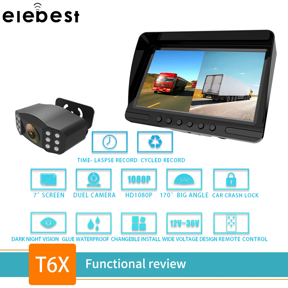 Elebest T6X видеорегистратор передний и задний DVR 7 ''Сплит монитор циклическая запись/Обнаружение движения IP69 ночное видение для грузовика RV автобус