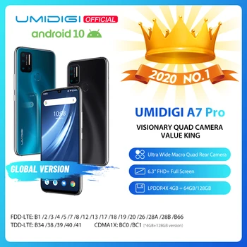 Перейти на Алиэкспресс и купить В наличии UMIDIGI A7 Pro Quad Камера Android 10 OS 6,3 дюймFHD + полный Экран 64GB/128GB Встроенная память LPDDR4X Octa Core глобальная версия чехол для телефона