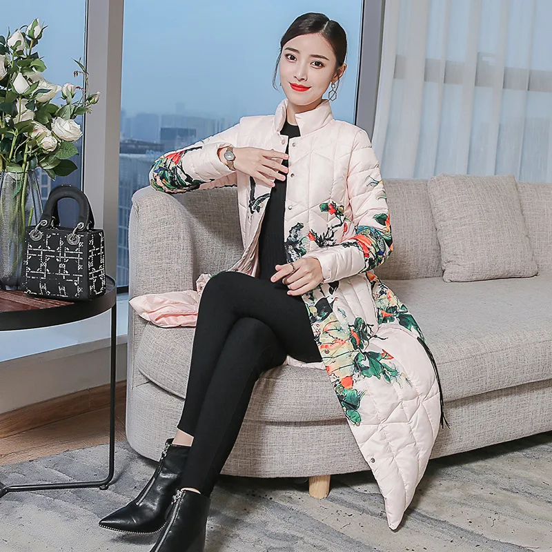 

Fs5915 @ 2018 Winter New Style Stand Collar Cotton-padded Jacket Korean-style Slim Fit Ethnic-Style Printed over-the-Knee Warm C