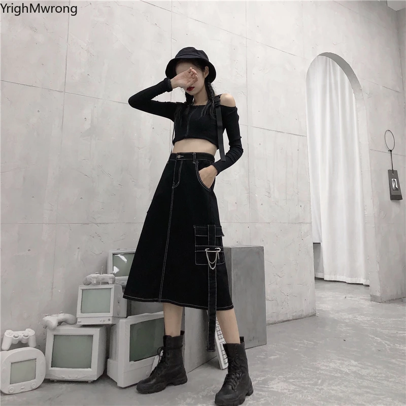 

Plus Size Oversized Slim Elegant High Waist Vintage Denim Pin Chain Ribbon Pocket Cargo Harajuku Punk Midi Long Skirt Korean 90s