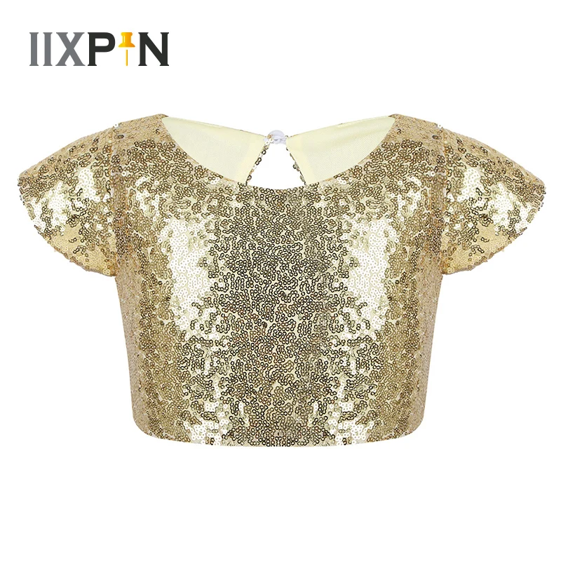 

Girls Sequins Crop Top for Dance Ballet Costumes Cap Sleeves Sparkly Keyhole Back Stage Performance Birthday Party Daily Wear
