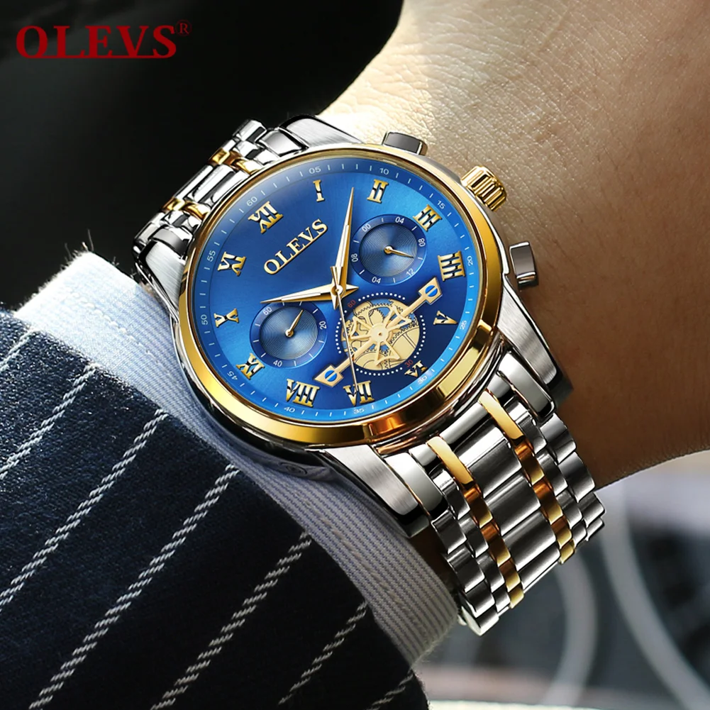 OLEVS часы, мужские кварцевые Tourbillon с датой, хронограф, нержавеющая сталь, Лидирующий бренд, полые водонепроницаемые часы, роскошные модные часы