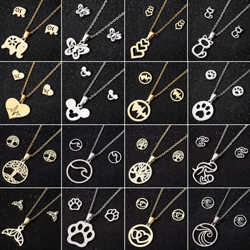 

Jisensp Stainless Steel Butterfly Pendant Mickey Necklace for Women Fashion Jewelry Sets Punk Heartbeat Necklace Earrings collar