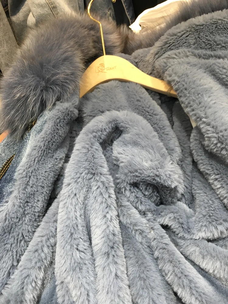 Новинка, модное пальто с воротником из натурального Лисьего меха, женская зимняя Съемная джинсовая куртка, пальто, верхняя одежда из натурального меха, хлопковое пальто