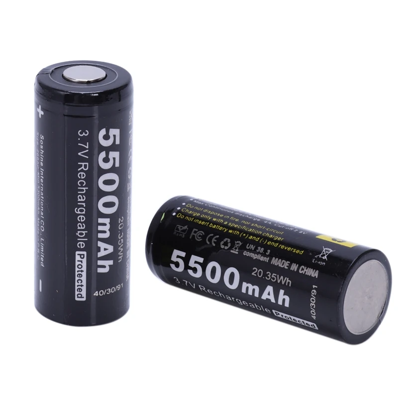 Soshine 2 шт 26650 3,7 V 5500mAh Защищенный Литий-ионный аккумулятор черный