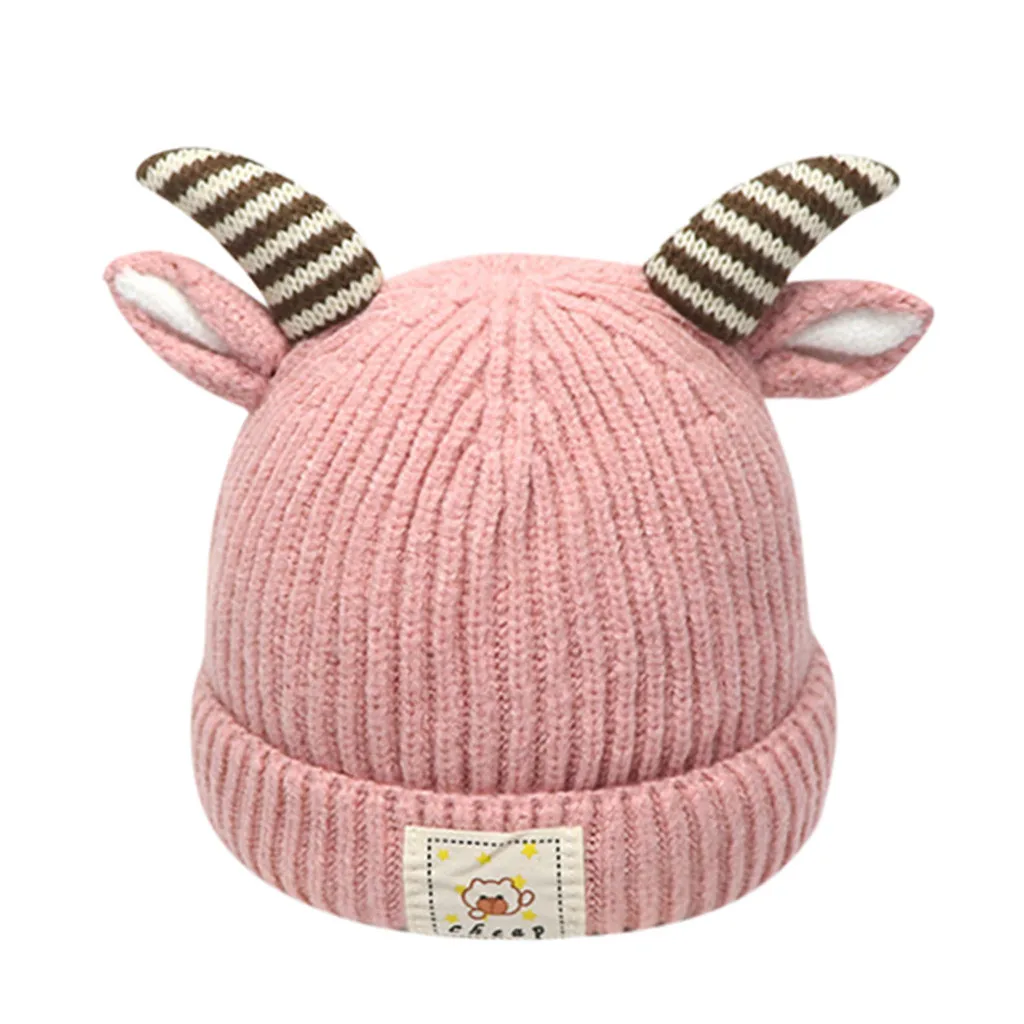 Детская вязаная шапка с двойными рогами, шерстяная теплая шапка, зимняя детская шапка, милая вязаная шапка для девочек и мальчиков 2-8 лет - Цвет: PK