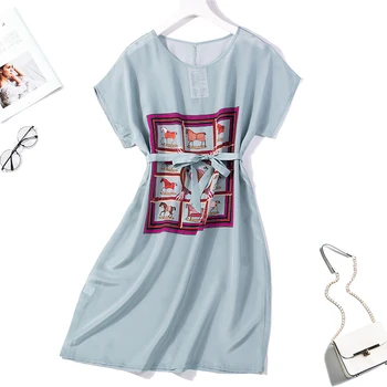 

Women's 100% Pure Silk Long Dress round neck short sleeve belt one size JN080