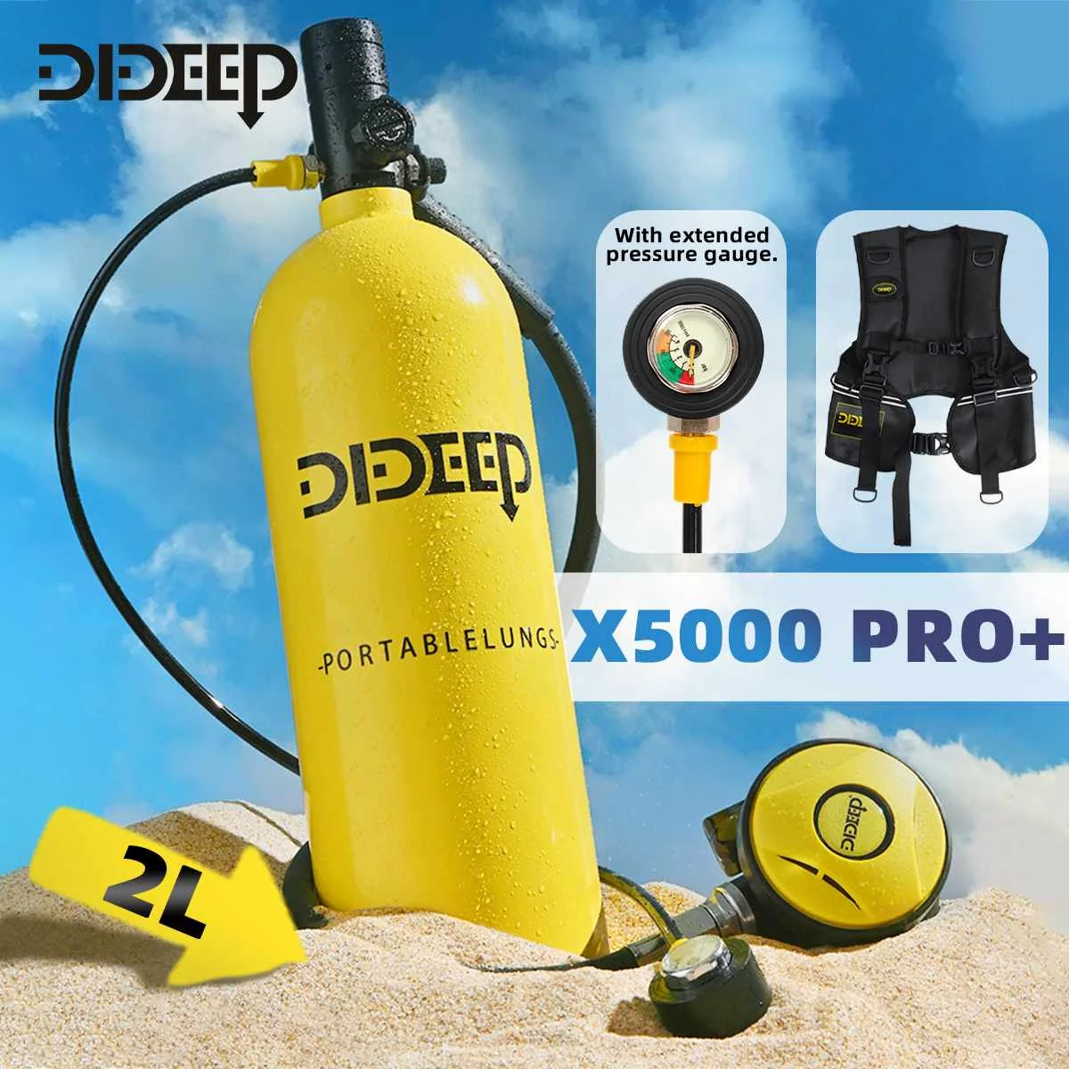 Dideep 2l Scuba Diving Tank+upgrade Pressure Gauge+diving Vest Bag