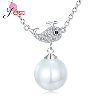 

New Lovely Design 925 Sterling Silver Big freshwater Pearl and Cute Fish Pendant Necklace For Women Best Gift Elegant Jewelry