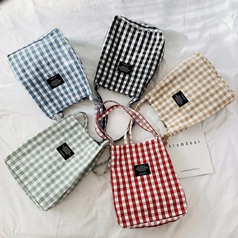 Fashion Durable Women Student Cotton Linen Single Shoulder Bag Shopping Tote Check Plaid Female Flax Canvas Bags | Багаж и сумки