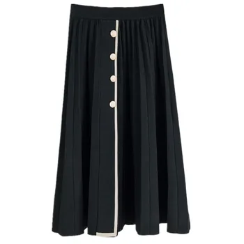 

2020 Fashion Elastic High Waist Knitted Midi Pleasted Skirt For Women Single Breasted Woman Skirts Long Beige Black Knit Saias