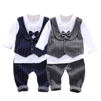 

Autumn Children Baby Boys Gentleman Clothes Set Casual T-shirt With Fake Vest Tie Design Stripe Pants Trouser