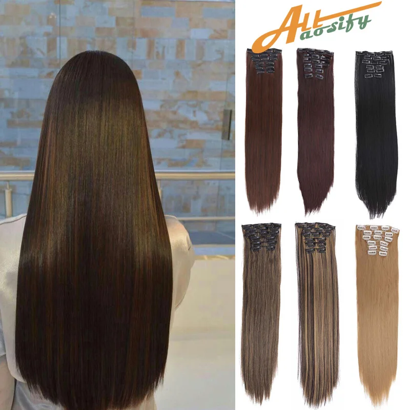 

ALLaosify 22Inches 140g Long Straight Synthetic Fake False Hairpiece Clip In Hair Extension Synthetic 16 Clips In Hair Extension