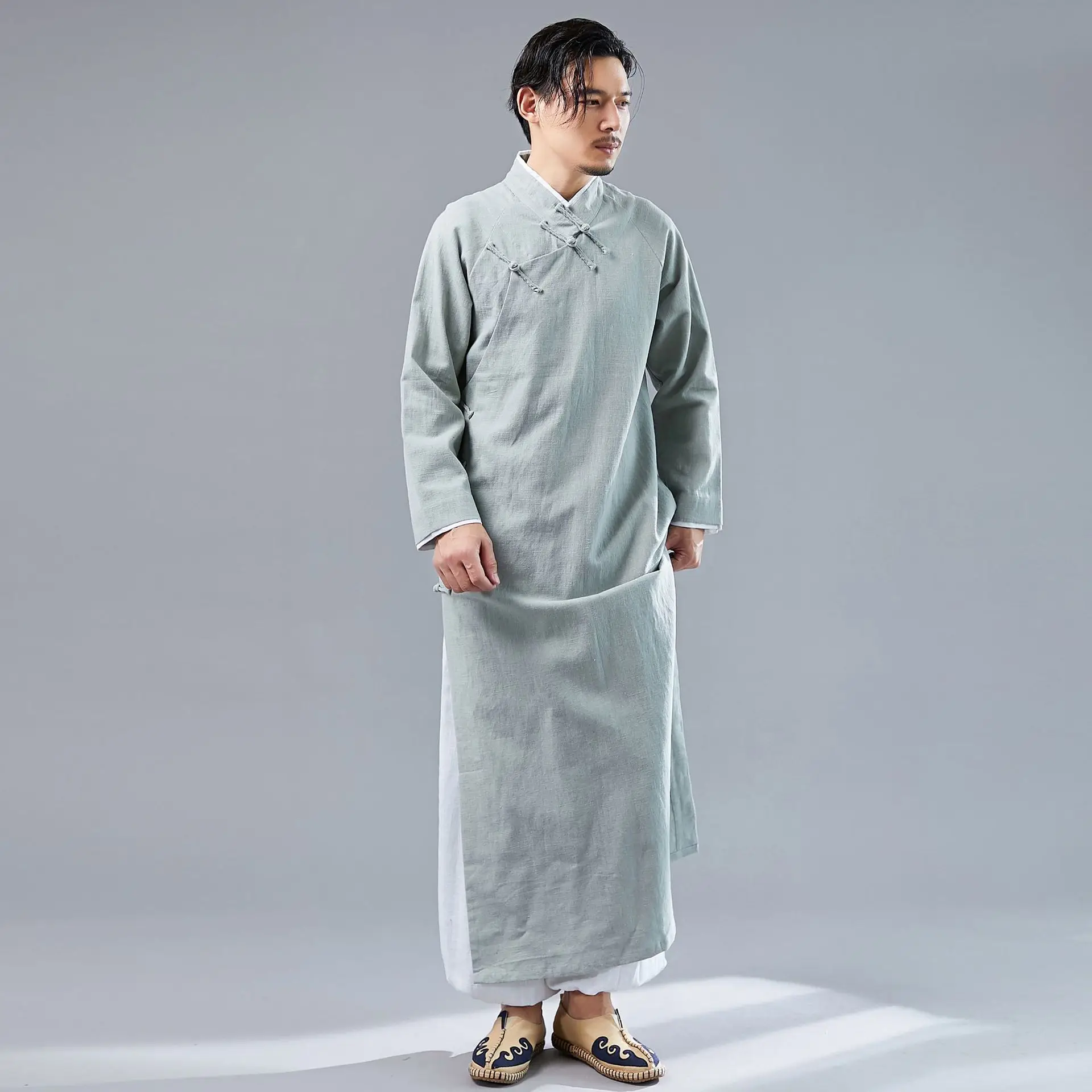 Китайская традиционная Мужская рубашка из хлопка и льна Hanfu длинное платье Qipao Мужской винтажный костюм Тан Восточный Костюм