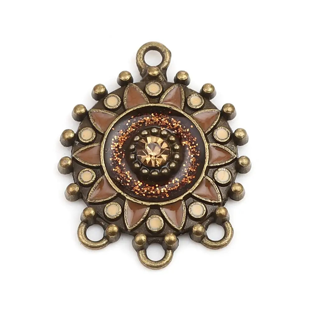 

8Seasons Ethnic Handmade Connectors Round Antique Bronze Yellow & Brown Sequins Orange Rhinestone DIY Jewelry 27mm x 22mm, 10PCs