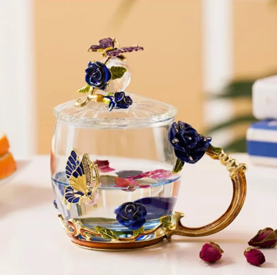 1cupspoon1lid Красная роза, эмалированное стекло, кофейные кружки чашки для чая и кружки, ручной работы, термостойкие стаканы, стакан для воды, посуда для напитков, подарок для влюбленных, свадебная чашка - Цвет: 1cupspoon1lid