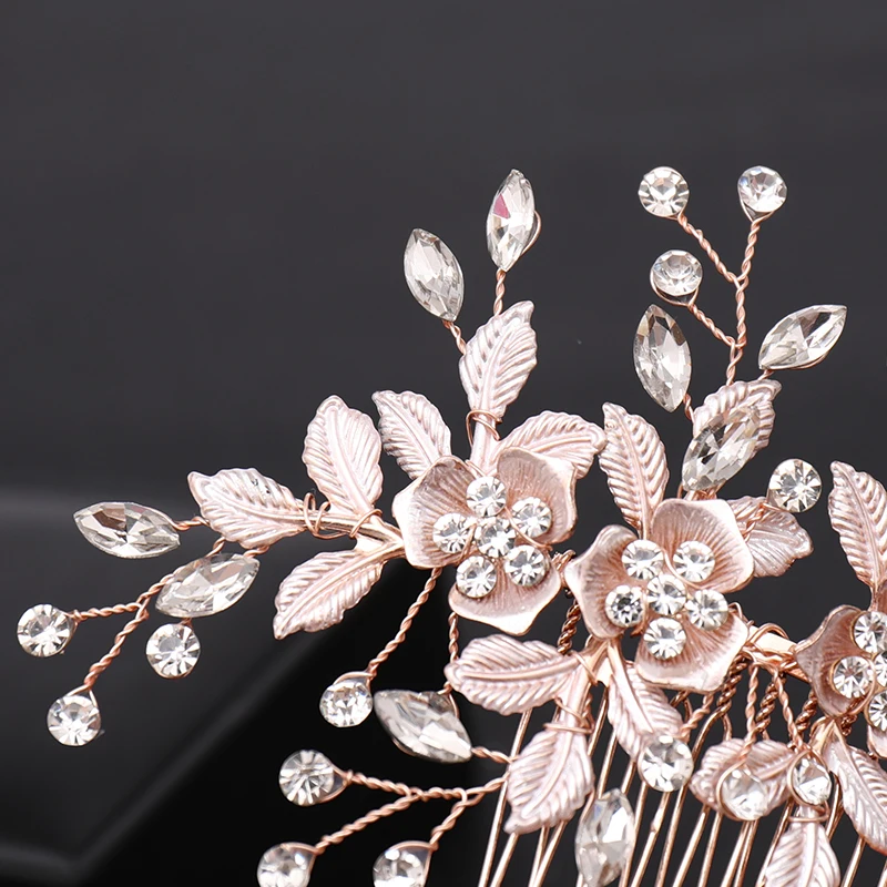 Trendy Bride Rose Gold Flower Crystal Wedding Hair Combs Bridal Headpiece tiara Hair Jewelry Wedding Hair Accessories