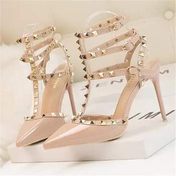 

2020 NEW woman High heels shoes Ladies Sexy Pointed Toe women pumps Buckle rivets nude heels shoes