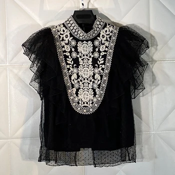 

HIGH STREET Summer Fashion 2020 Designer Blouse Women's Stand Collar Butterfly Sleeve Embroidery Gauze Lace Blouse Top