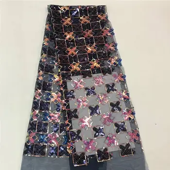 

2020 Latest African Net Lace Fabric, High Quality Sequins Nigerian Wedding Lace Fabrics 5Yards Sequins French Tulle lace JUAN