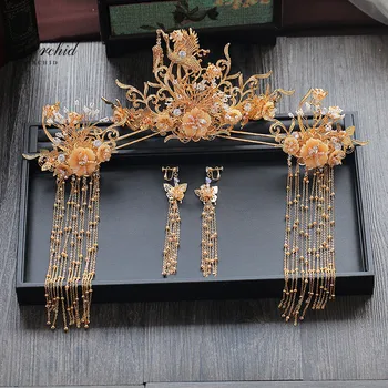 

PEORCHID Bridal Tiara Chinese Style Phoenix Crown Wedding Hair Ornaments Luxury Tassel Hair Sticks Women Headdress
