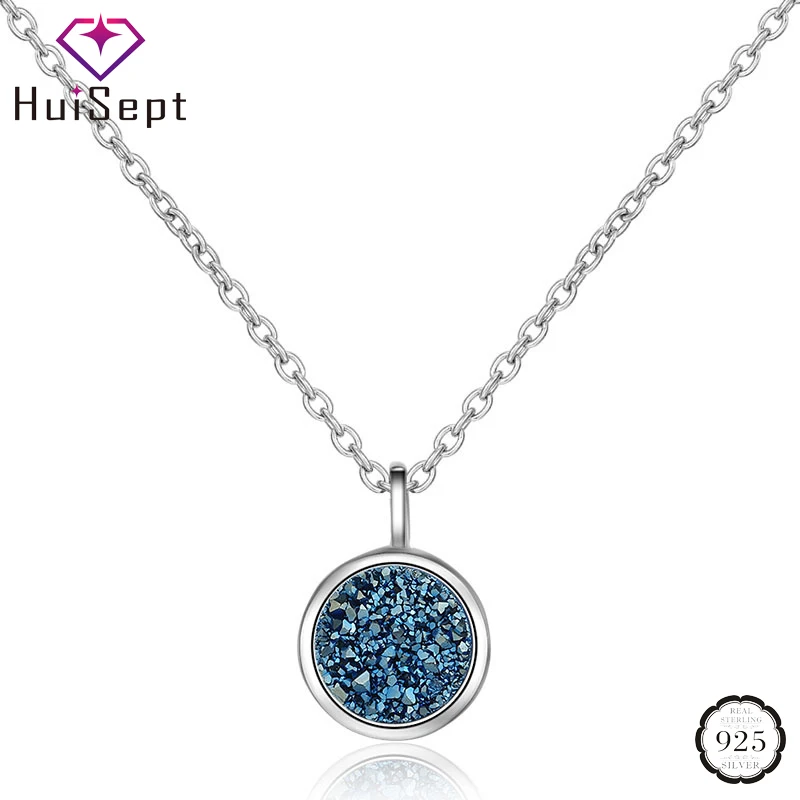 

HuiSept Fashion 925 Silver Jewellery Necklace Round Shape Sapphire Gemstones Pendant for Women Ornaments Wedding Gift Wholesale