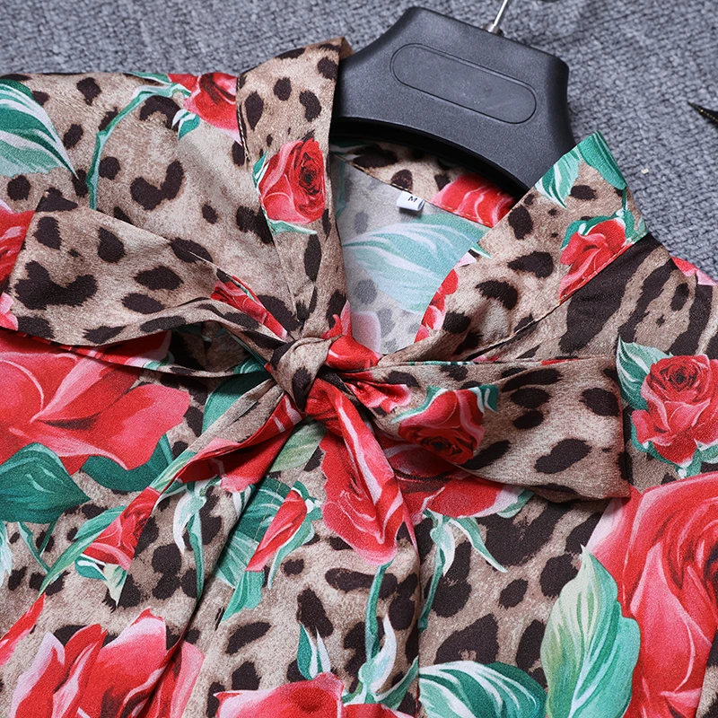GoodliShowsi шикарная эффектная Женская блузка Топы леопардовая Роза принт бант воротник длинный рукав все подходящие рубашки 3XL плюс размер