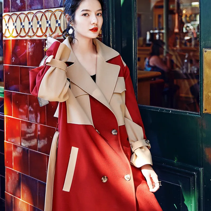 ] Spring Autumn High Quality Lapel Long Sleeve Hit Colors Adjustable Waist Vintage Windbreaker Women S862