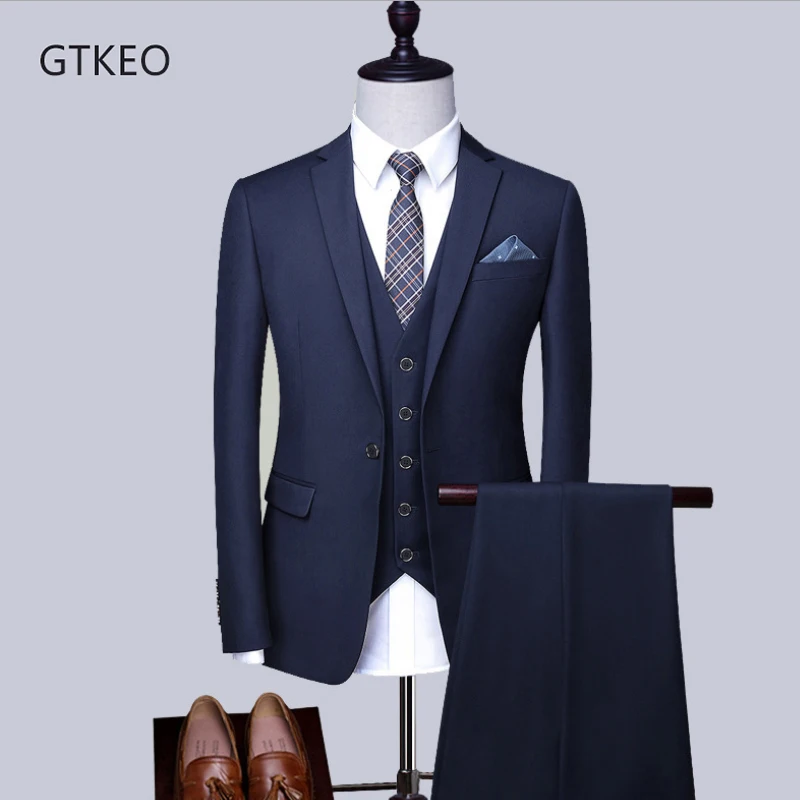 navy blue 1 button Элегантный черный мужской костюм для свадьбы жених Стройный костюм 3 шт.(куртка+ жилет+ брюки) СМОКИНГ-пиджак для мужчин Terno Masculino - Цвет: navy blue 1 button