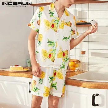 

INCERUN Fashion Men Sleepwear Sets Silk Satin Fruit Printed Leisure Pyjamas Homewear Short Sleeve Tops Shorts Pajamas Sets S-5XL