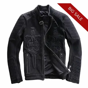 

2020 Vintage Black Men Skulls Motorcycle Leather Jacket Plus Size XXXL Genuine Thick Cowhide American Winter Slim Fit Biker Coat