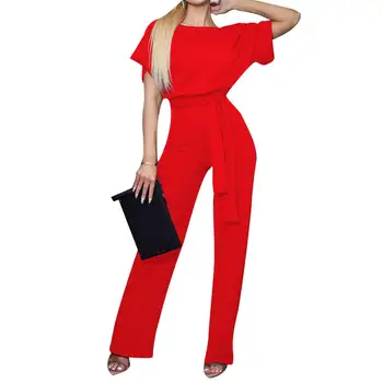 

Solid Color Women Short Sleeve Round Neck Jumpsuit Belted Long Pants Romper Round Neck Jumpsuit Belted Long Pants Romper Women