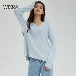 Wixra женский свитер вязаный длинный рукав однотонный Повседневный пуловер осень зима v-образный Вырез Свободный женский свитер модная