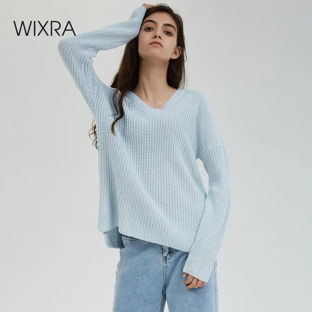Tanie Wixra damski sweter na drutach z długim rękawem solidny luźny pulower jesienno zimowy dekolt w serek luźne swetry damskie moda damska odzież