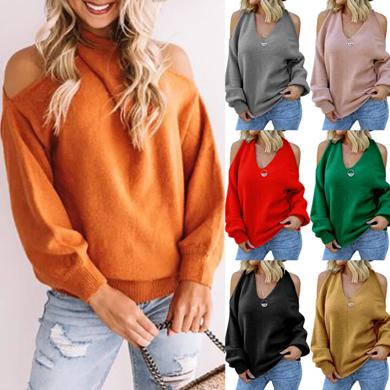 

Sexy Solid Woman Knitted Sweater Shirts Hollow Out Halter V-Neck Knitwear Female Blouses Sweater Pullover Ropa Mujer NEW 2020