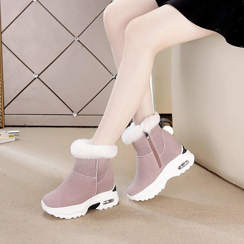 

2019 Autumn And Winter plus Velvet Elevator Women's Boots Genuine Leather Rex Rabbit Fur Snow Boots Casual Thick Bottomed Warm W