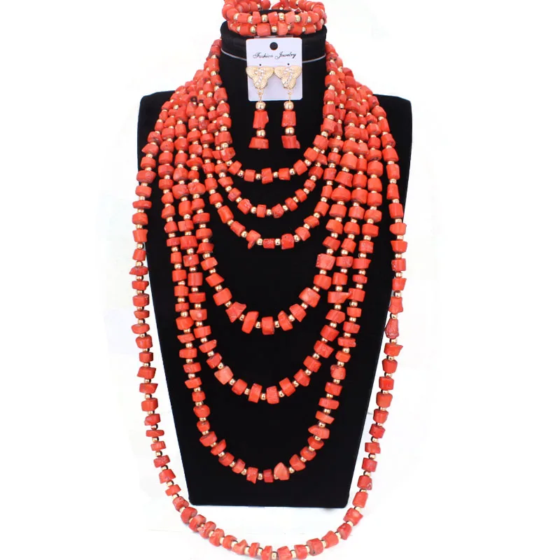 

4ujewelry Bridal Jewellery For Wedding 7 Layers Coral Beads For Traditional Marriage With Gold Divider African Jewelry Set