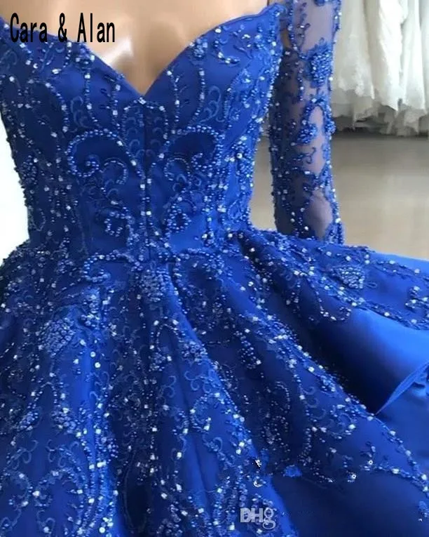 Скромное бальное платье Королевское голубое праздничное платье с длинными рукавами из бисера слоистые с плеча атласные развертки поезд