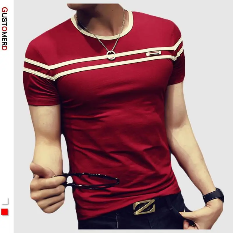 T-Shirt Men Fashion Short-Sleeves Stripe Solid-Color Casual Gustomerd Tee Slim-Fit Fold