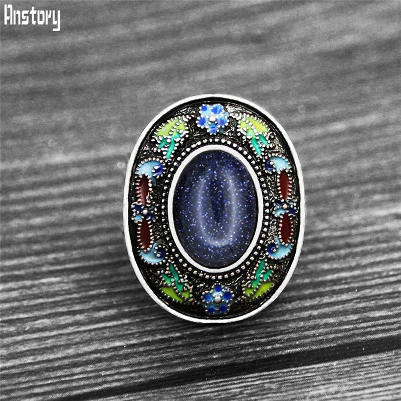 Sequins blue stone Винтаж Овальный Кварц Lapis кольца для женщин Богемия живопись Ремесло Цветок Завод натуральный камень Мода регулируемое кольцо - Цвет основного камня: Sequins blue stone